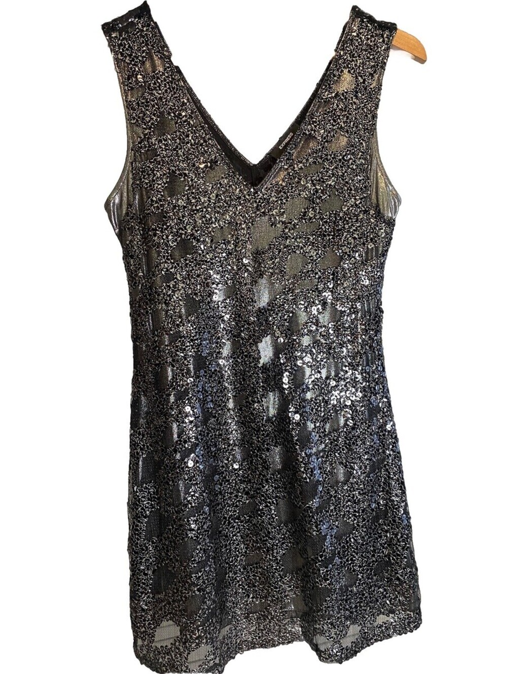 Express Y2K Black  Dress Sequin XS Bodycon Black Metallic Cocktail Party Silver